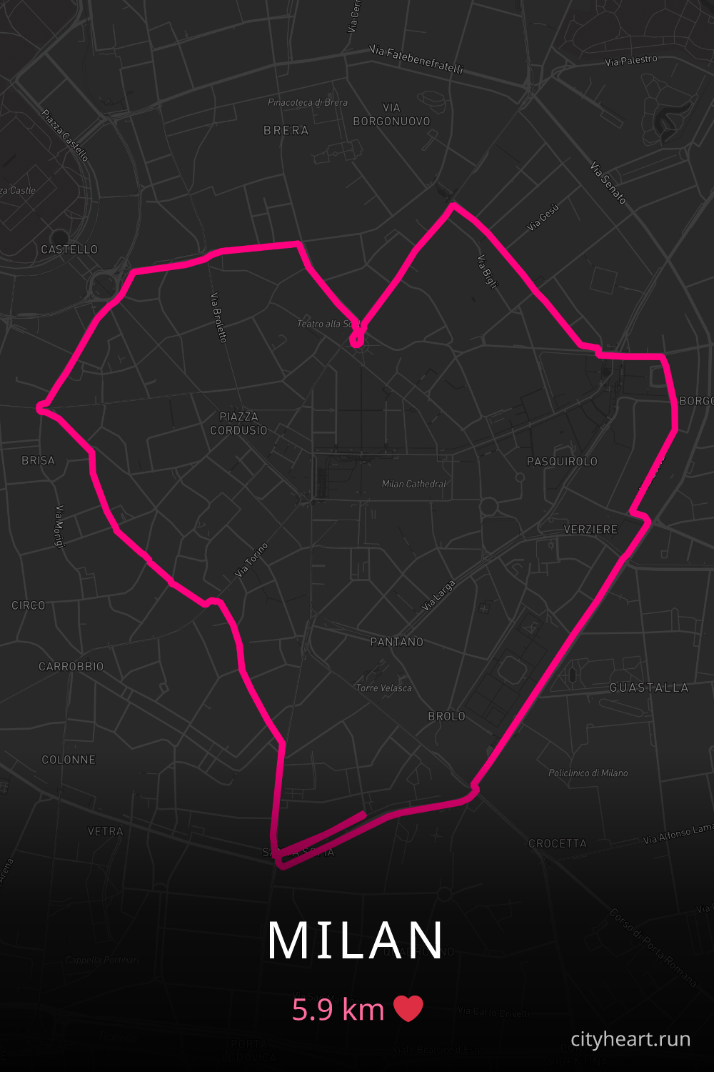 Heart-shaped running route in Milan, 5.9 km — GPS art for Strava