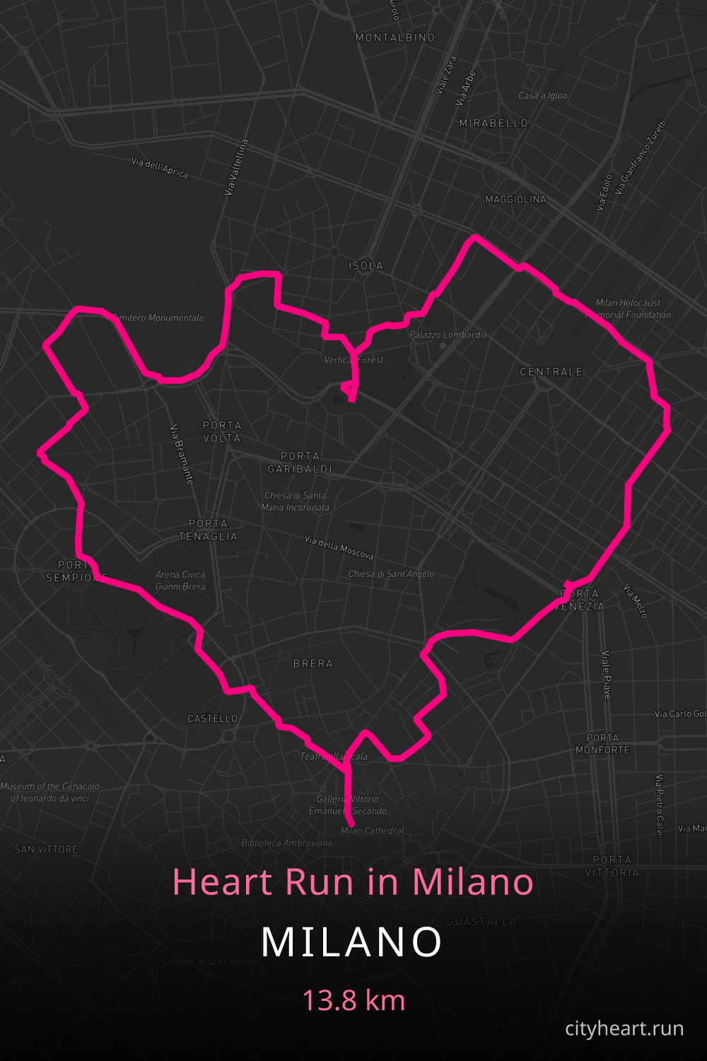Heart-shaped running route in Milano, 15.2 km — GPS art for Strava