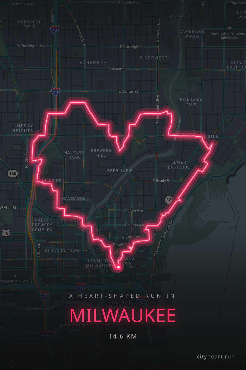 Heart-shaped running route in Milwaukee, 15.8 km — GPS art for Strava
