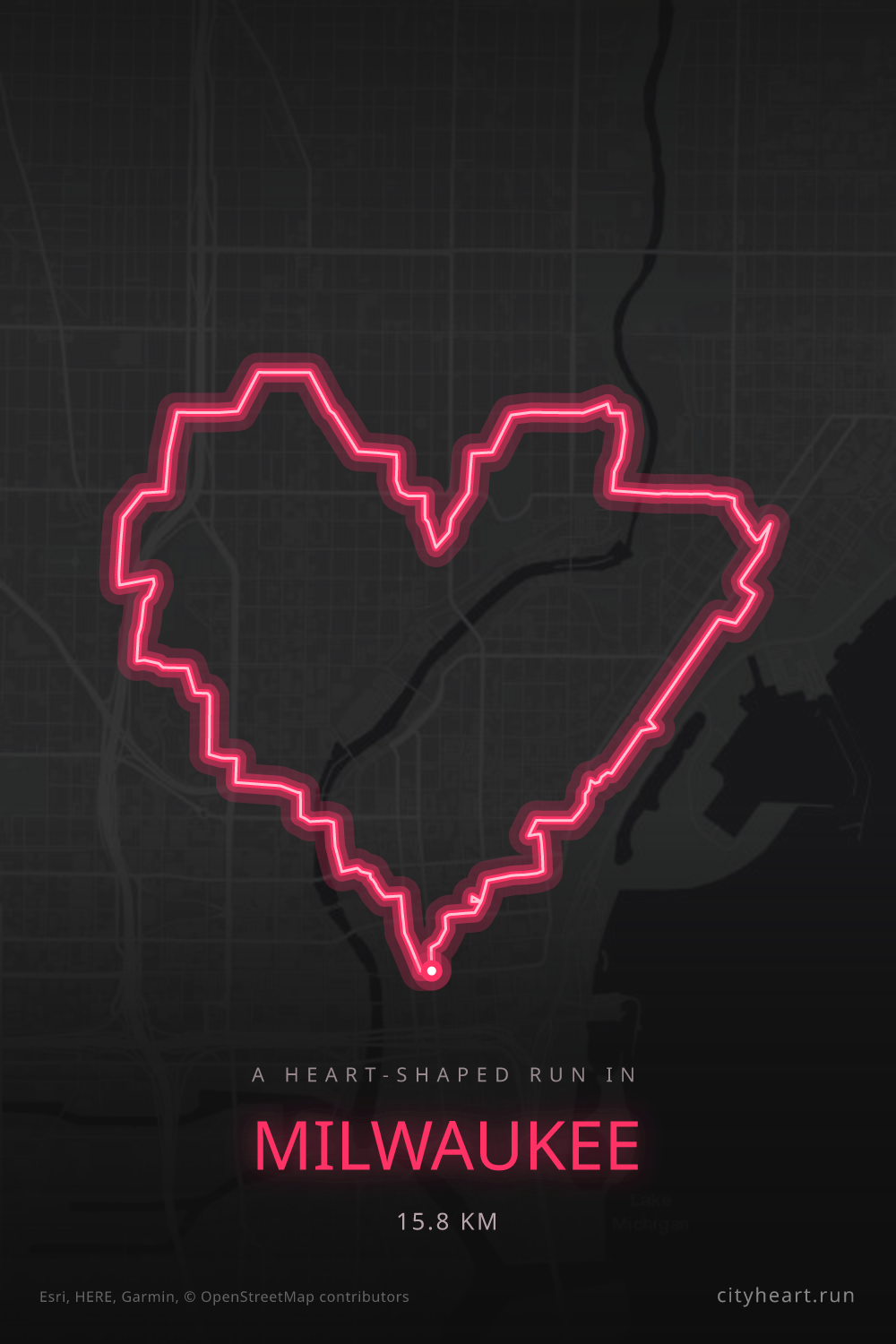 Heart-shaped running route in Milwaukee, 15.8 km — GPS art for Strava
