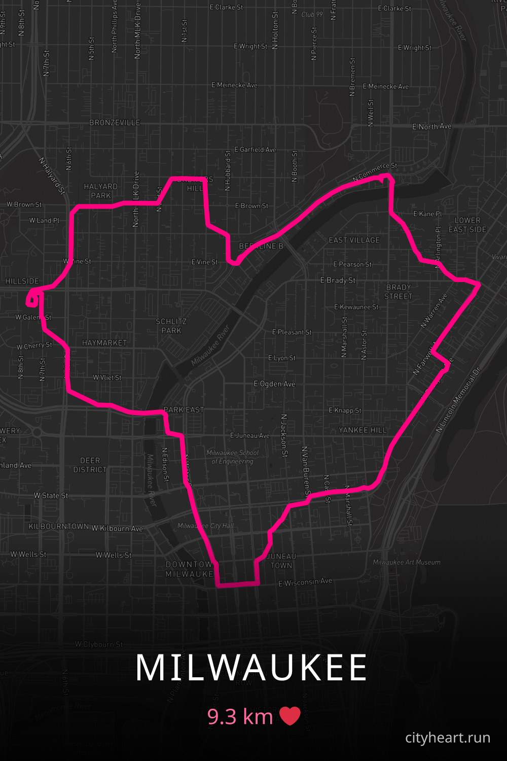 Heart-shaped running route in Milwaukee, 9.3 km — GPS art for Strava