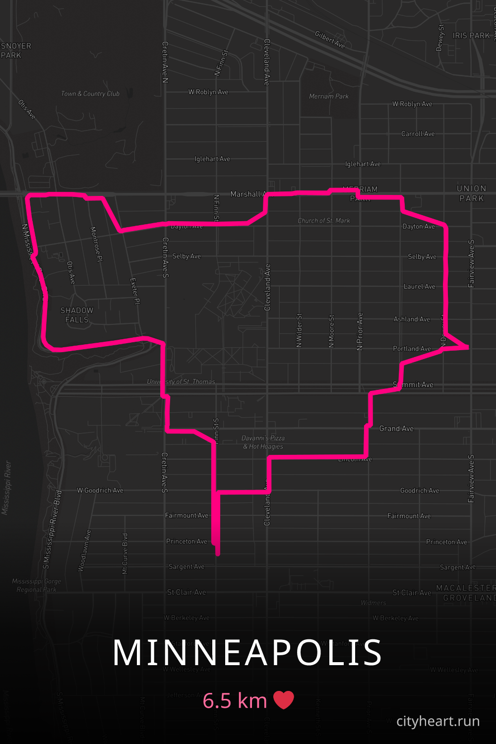 Heart-shaped running route in Minneapolis, 6.5 km — GPS art for Strava
