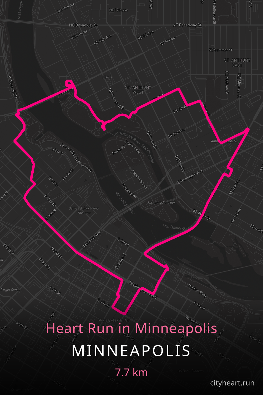 Heart-shaped running route in Minneapolis, 7.7 km — GPS art for Strava