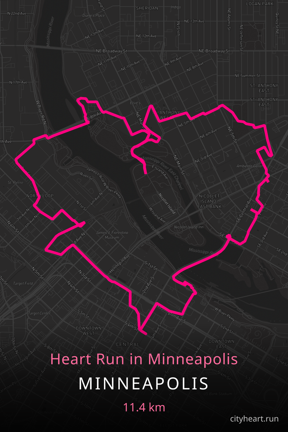 Heart-shaped running route in Minneapolis, 12.1 km — GPS art for Strava