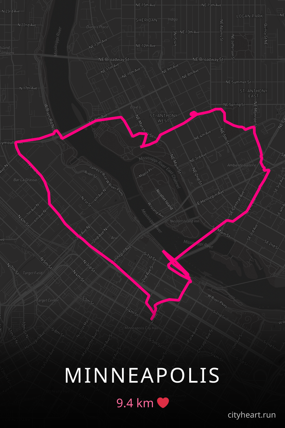 Heart-shaped running route in Minneapolis, 9.4 km — GPS art for Strava