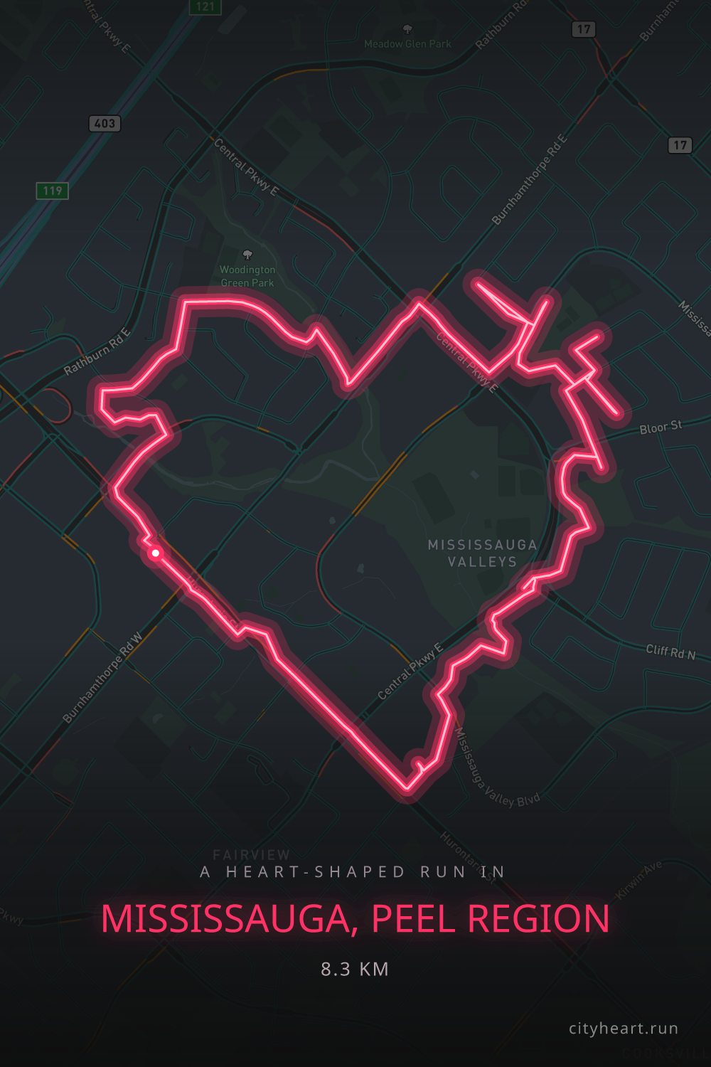 Heart-shaped running route in Mississauga, Peel Region, 8.3 km — GPS art for Strava