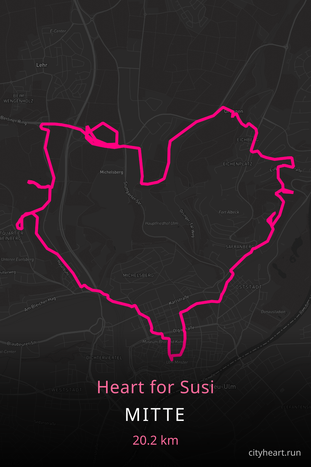 Heart-shaped running route in Mitte, 15.4 km — GPS art for Strava