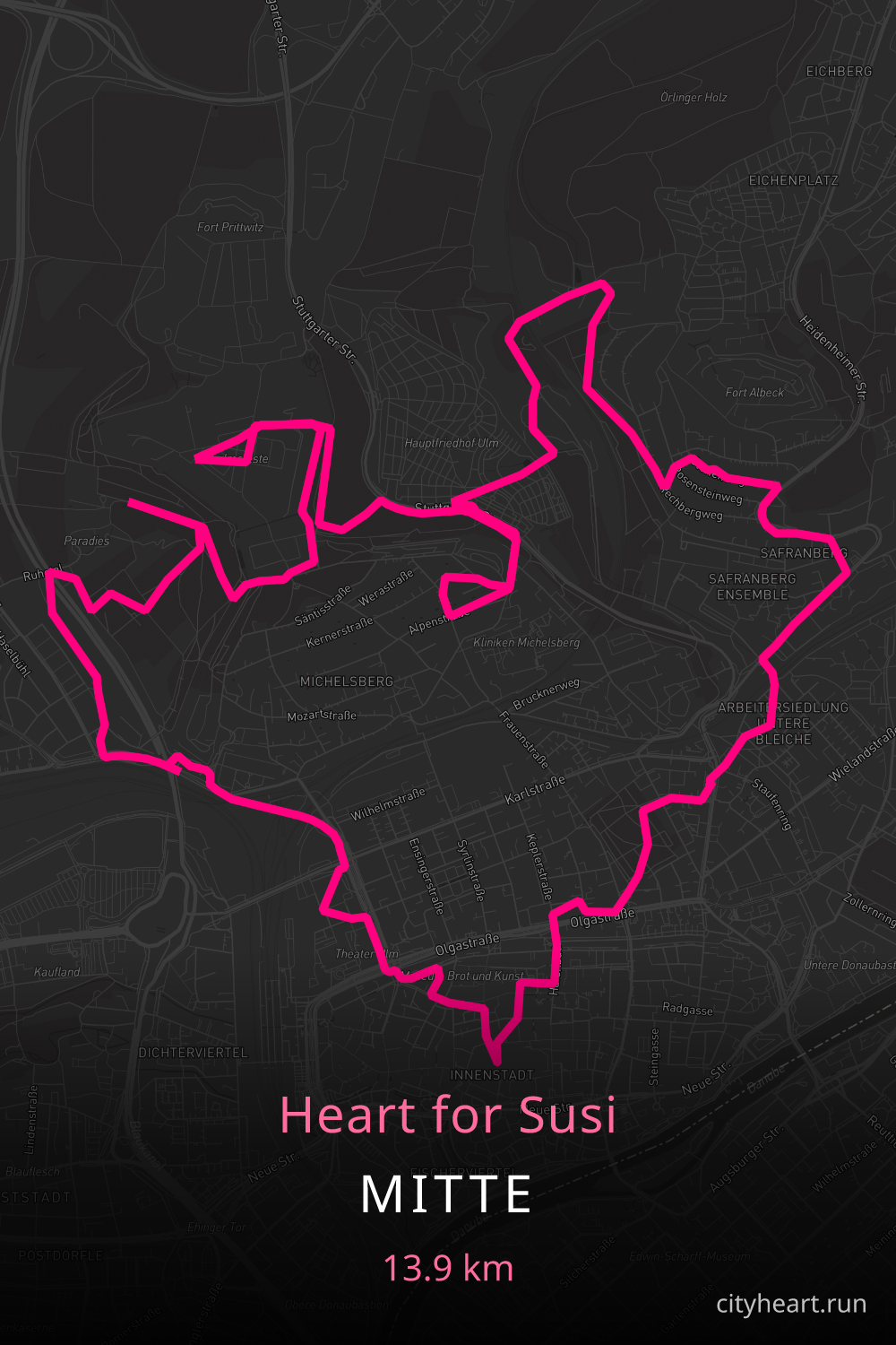 Heart-shaped running route in Mitte, 24.3 km — GPS art for Strava