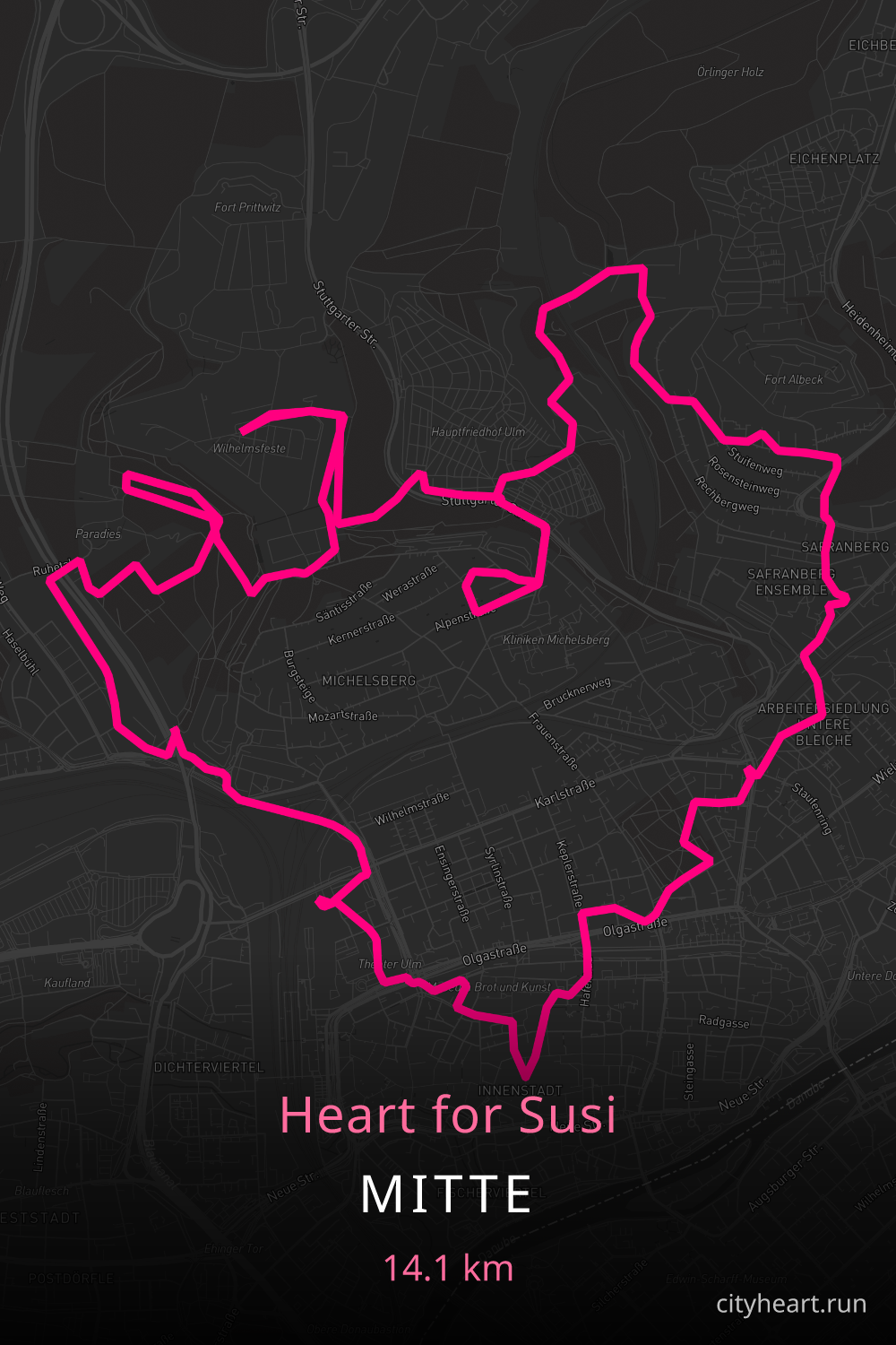 Heart-shaped running route in Mitte, 14.1 km — GPS art for Strava