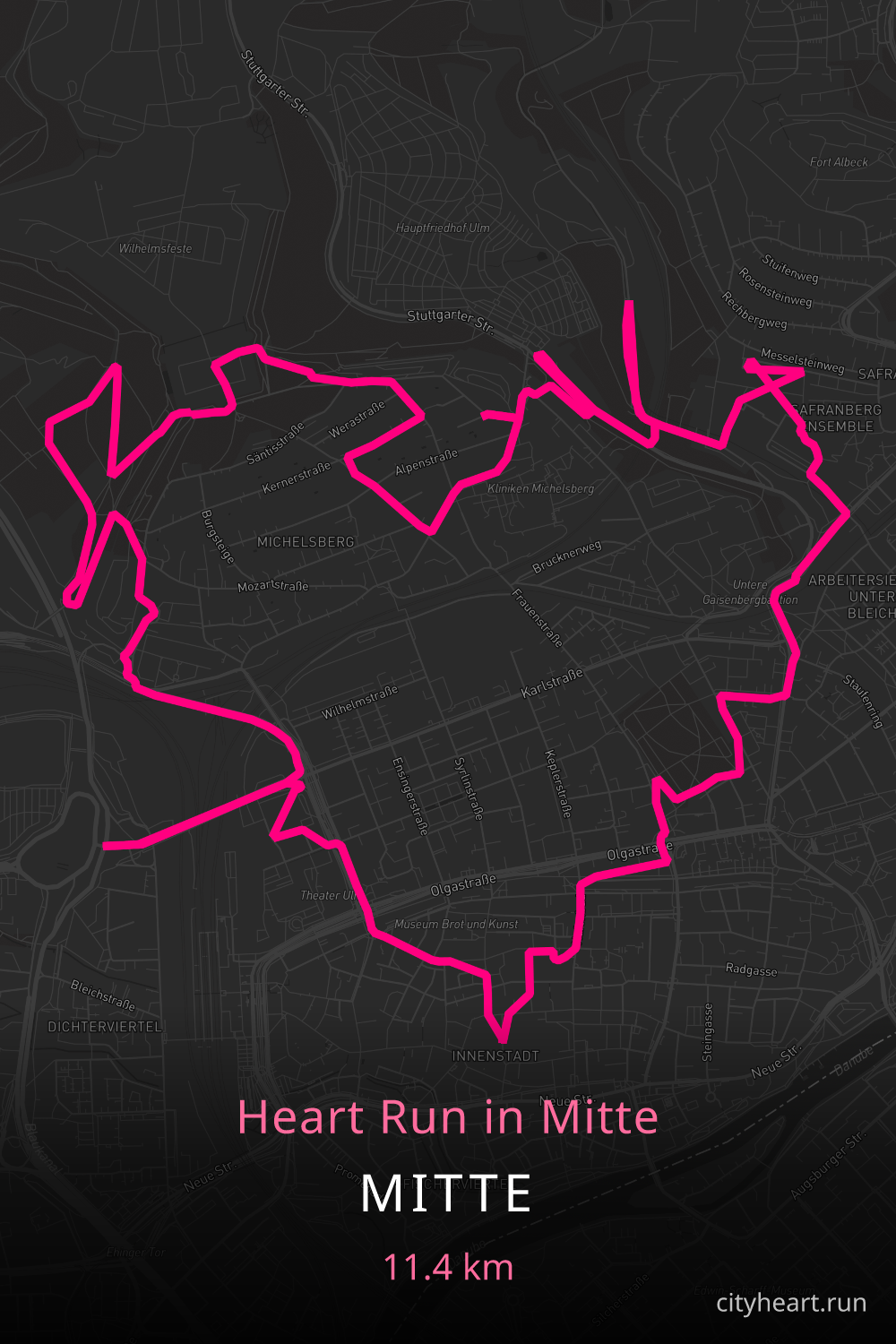 Heart-shaped running route in Mitte, 11.3 km — GPS art for Strava