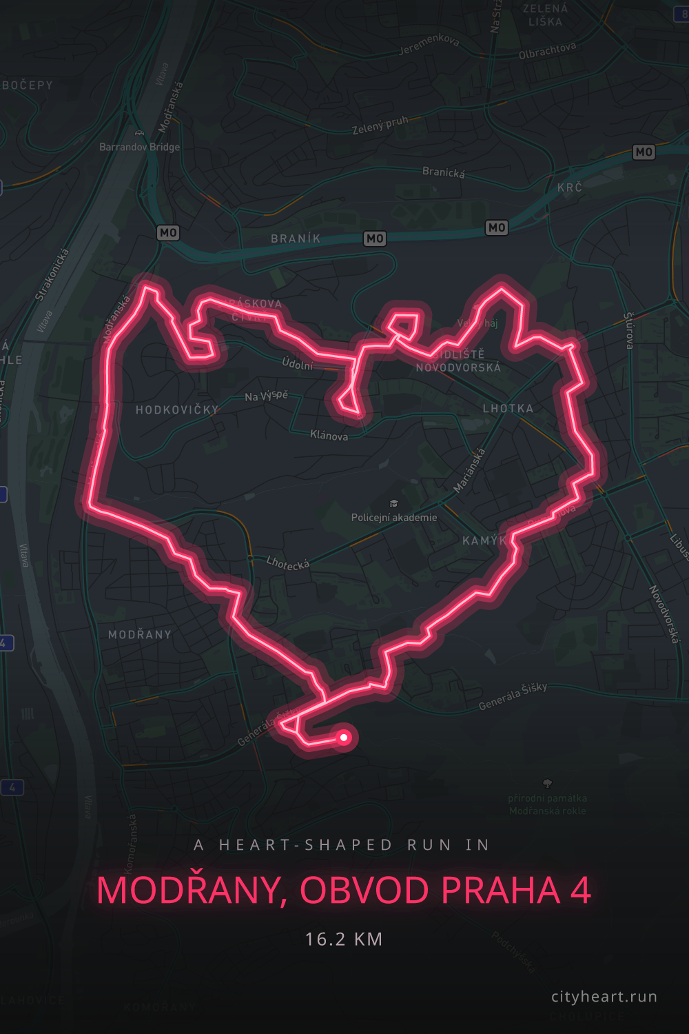 Heart-shaped running route in Modřany, obvod Praha 4, 16.2 km — GPS art for Strava