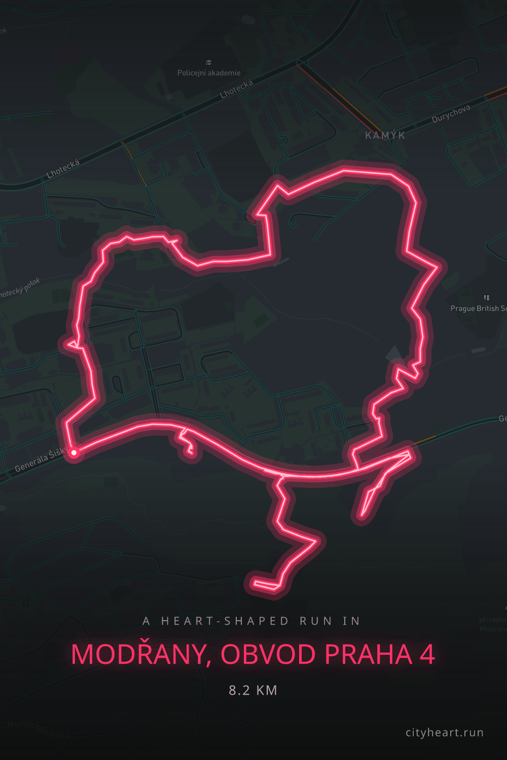 Heart-shaped running route in Modřany, obvod Praha 4, 8.2 km — GPS art for Strava