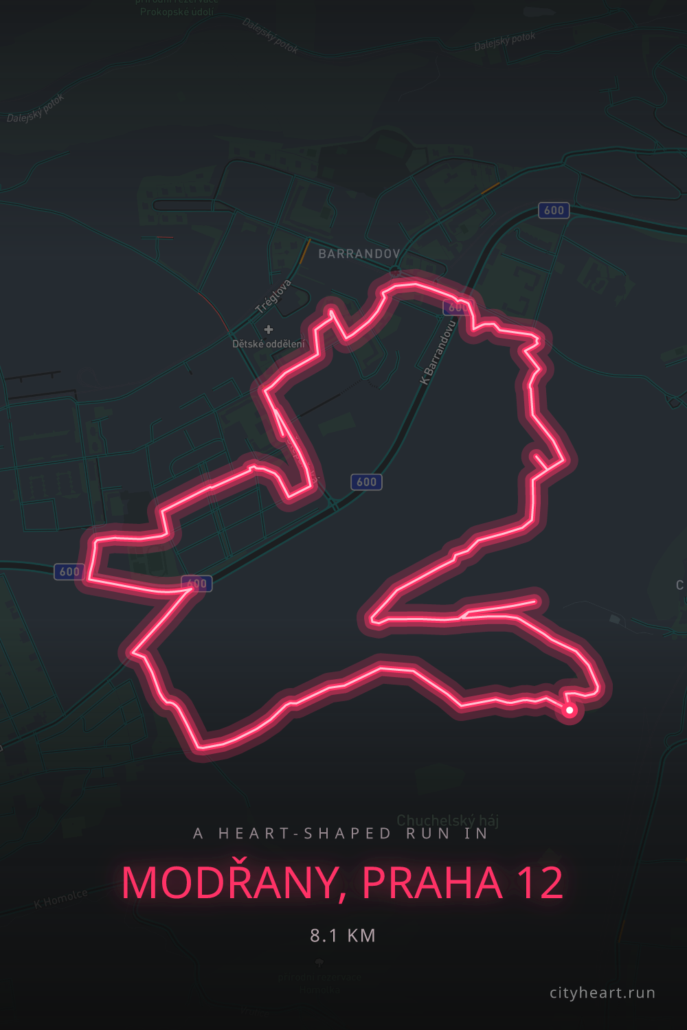 Heart-shaped running route in Modřany, Praha 12, 8.2 km — GPS art for Strava
