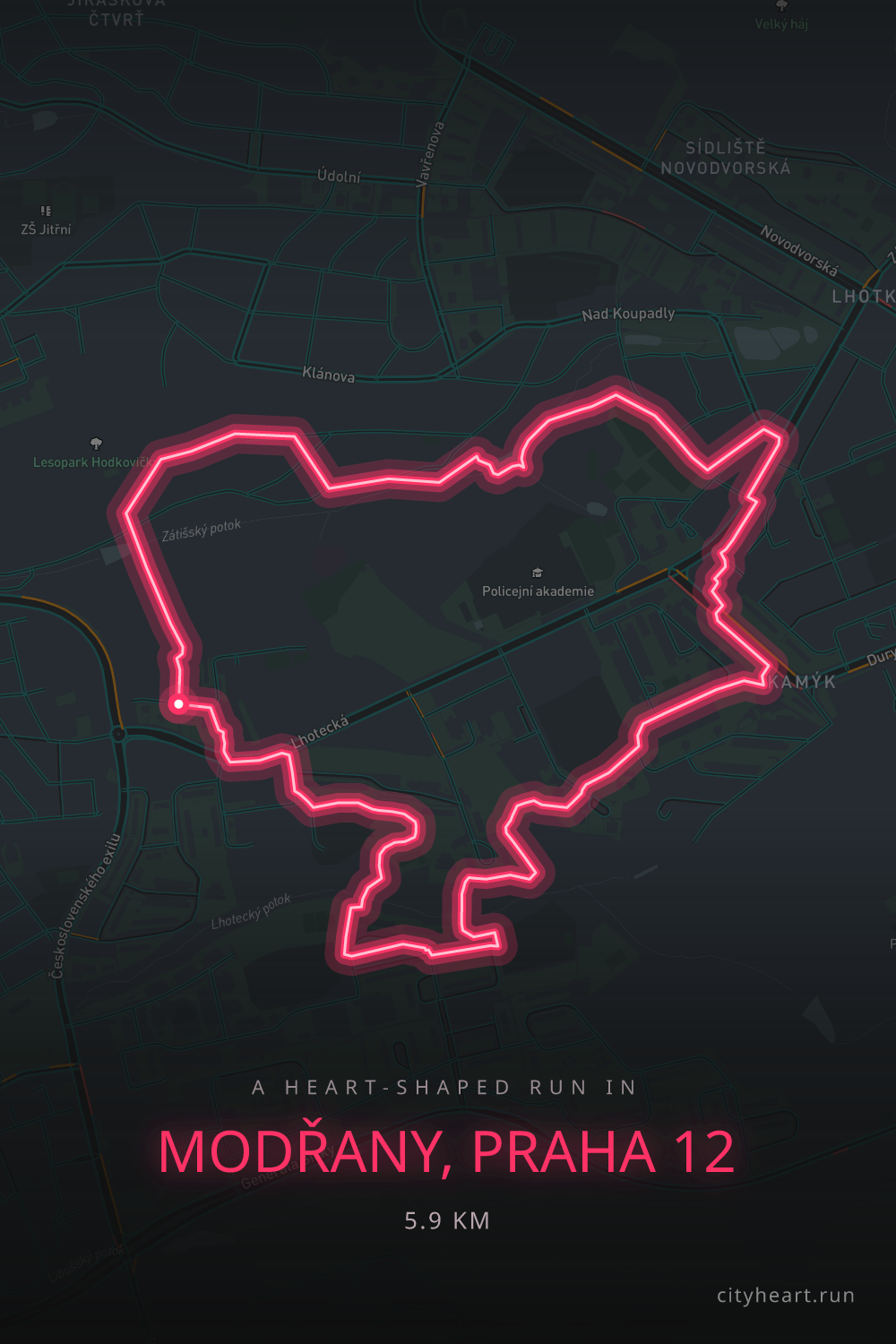 Heart-shaped running route in Modřany, Praha 12, 5.9 km — GPS art for Strava