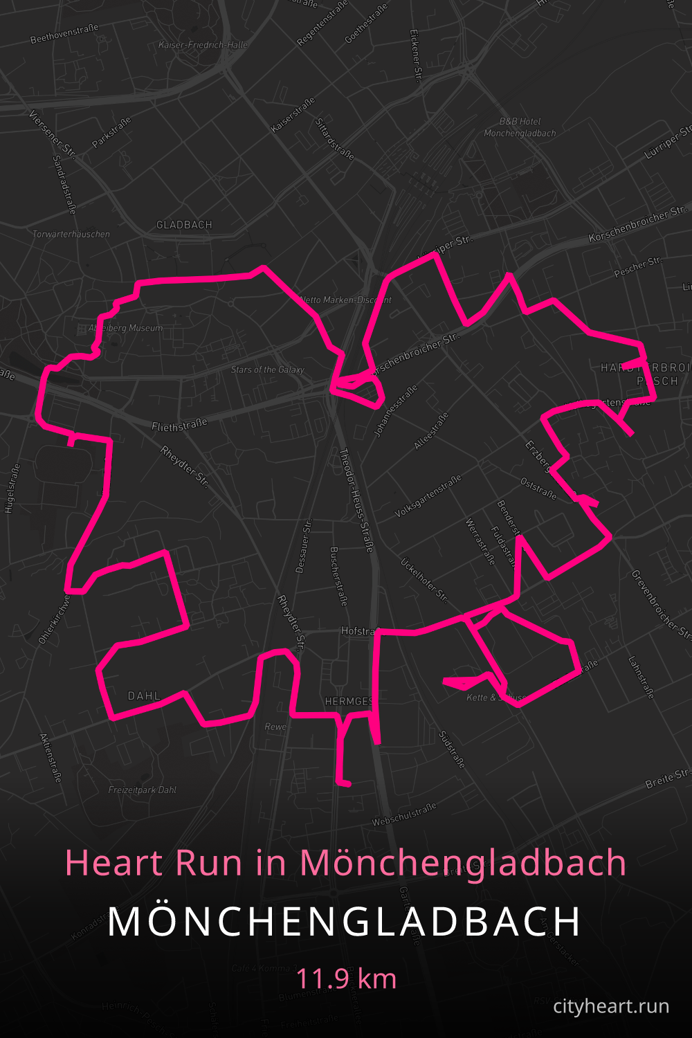 Heart-shaped running route in Mönchengladbach, 12.6 km — GPS art for Strava