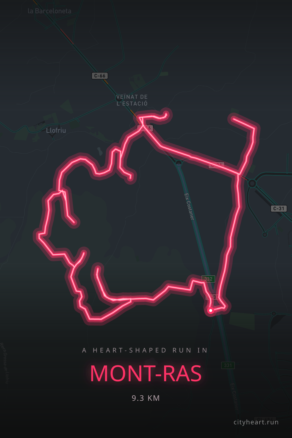 Heart-shaped running route in Mont-ras, 10.3 km — GPS art for Strava