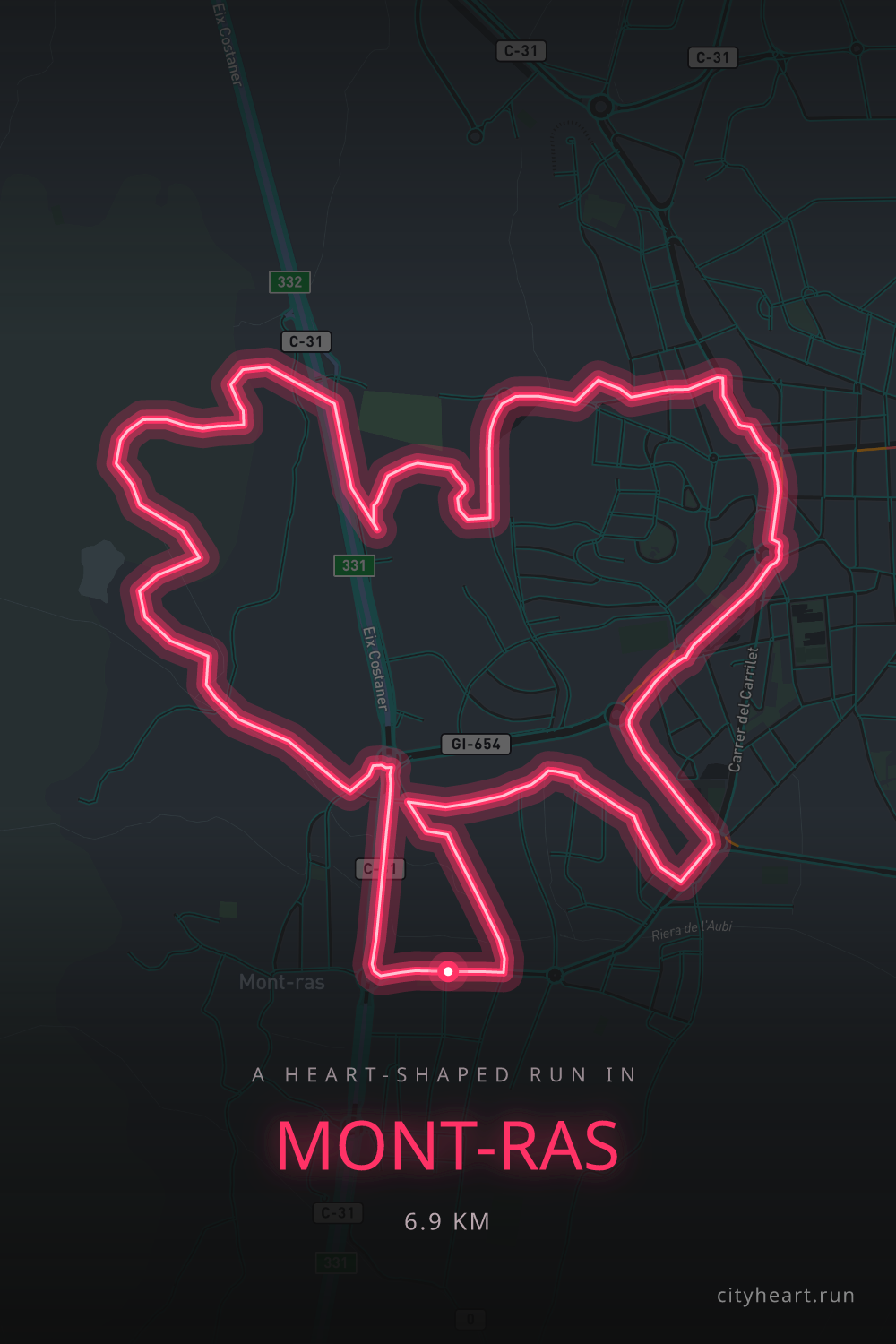 Heart-shaped running route in Mont-ras, 6.9 km — GPS art for Strava