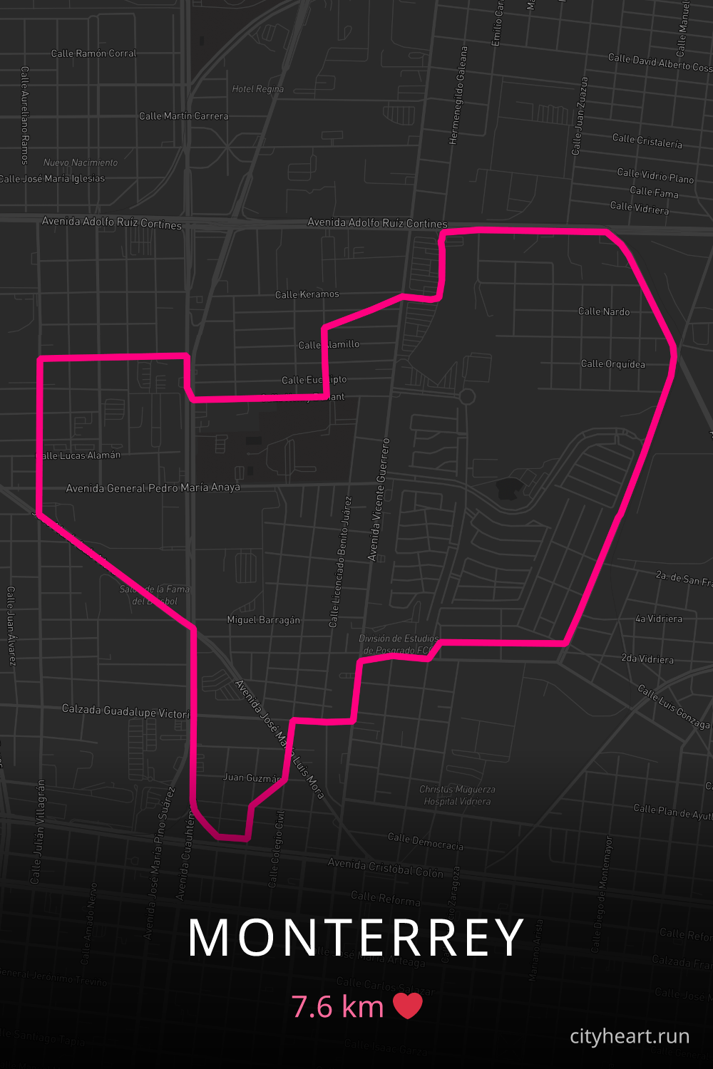 Heart-shaped running route in Monterrey, 7.6 km — GPS art for Strava