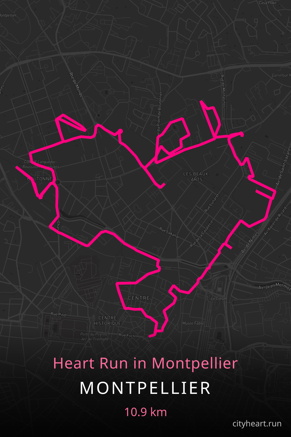 Heart-shaped running route in Montpellier, 11.9 km — GPS art for Strava