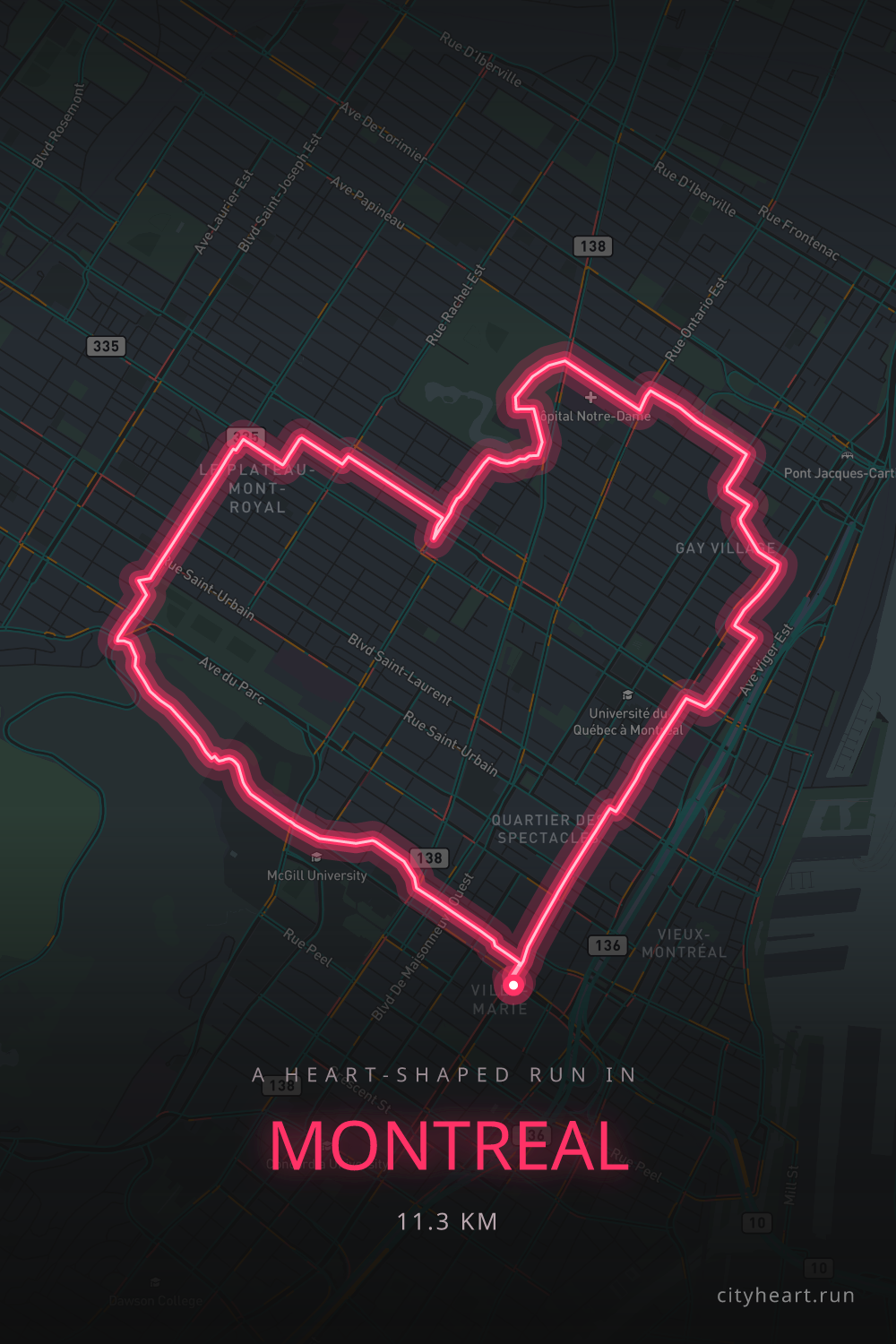 Heart-shaped running route in Montreal, 12.7 km — GPS art for Strava