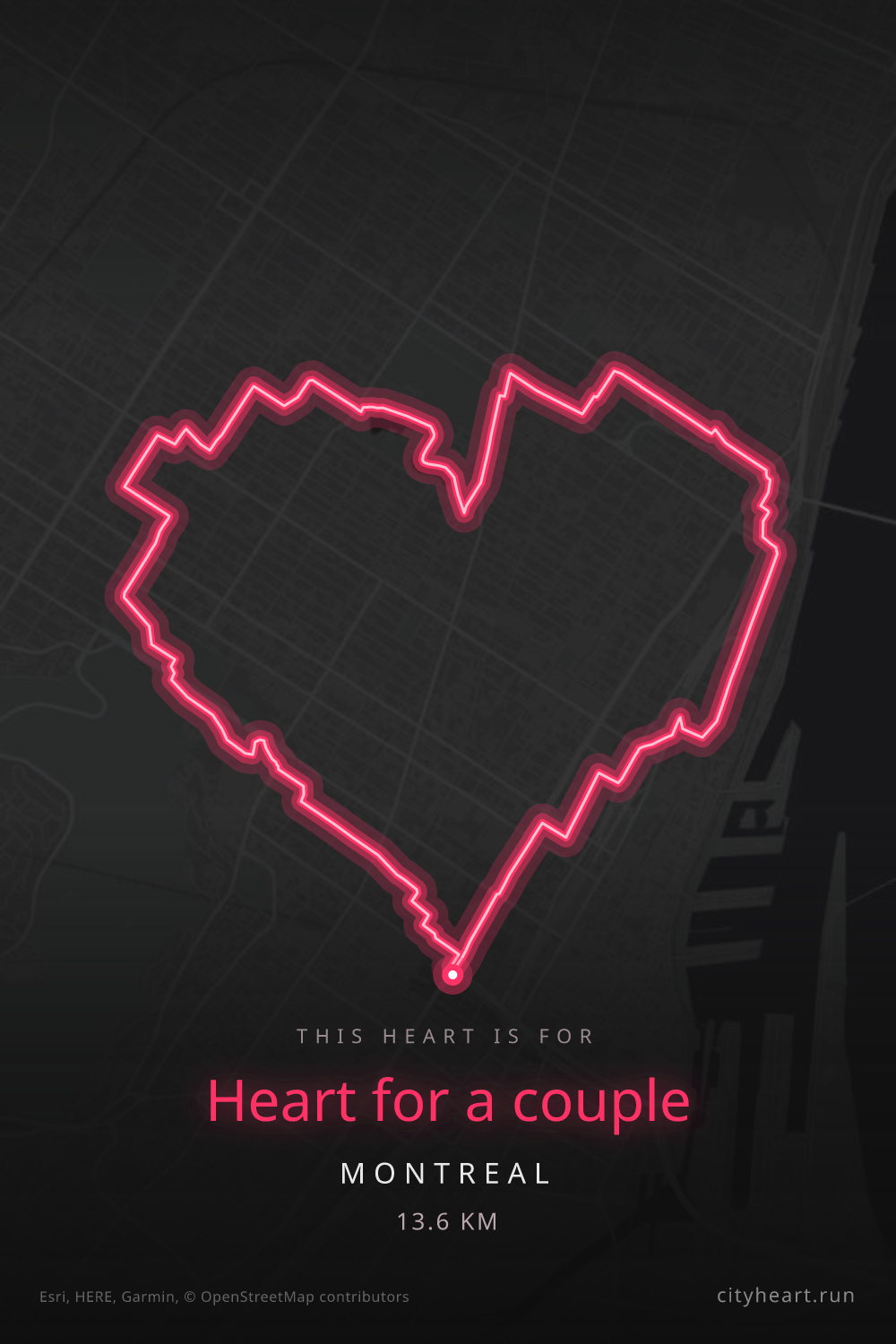 Heart-shaped running route in Montreal, 13.6 km — GPS art for Strava