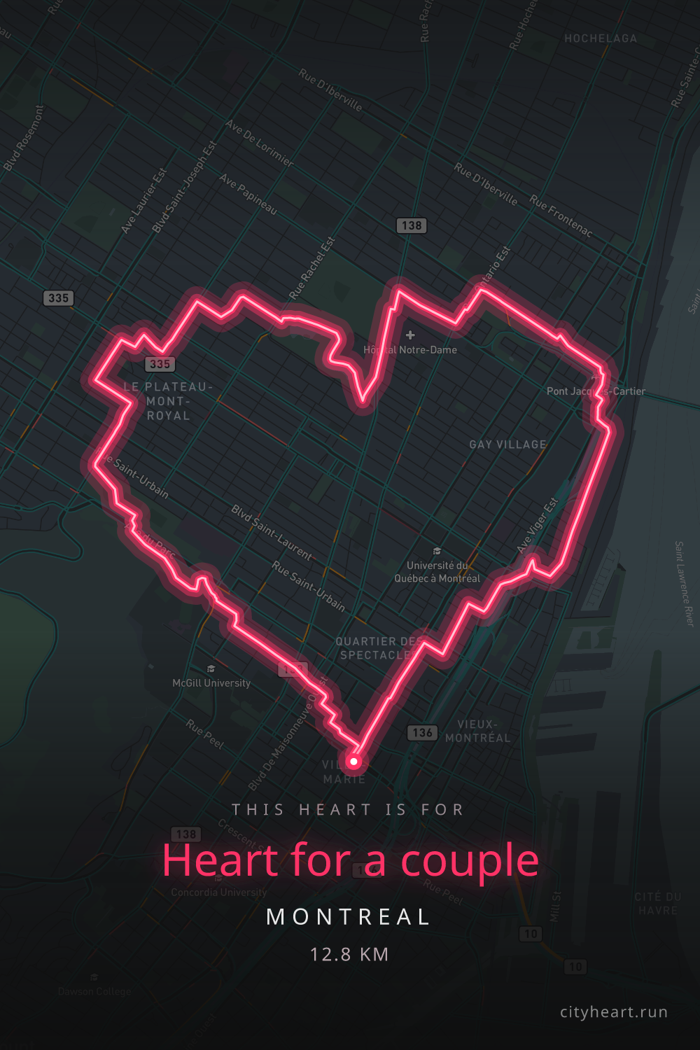 Heart-shaped running route in Montreal, 13.6 km — GPS art for Strava