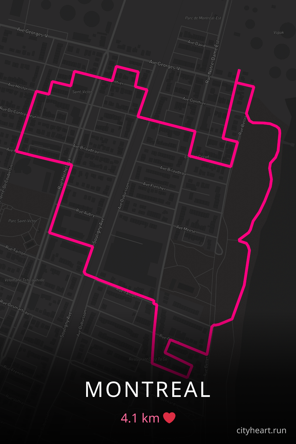 Heart-shaped running route in Montreal, 4.1 km — GPS art for Strava