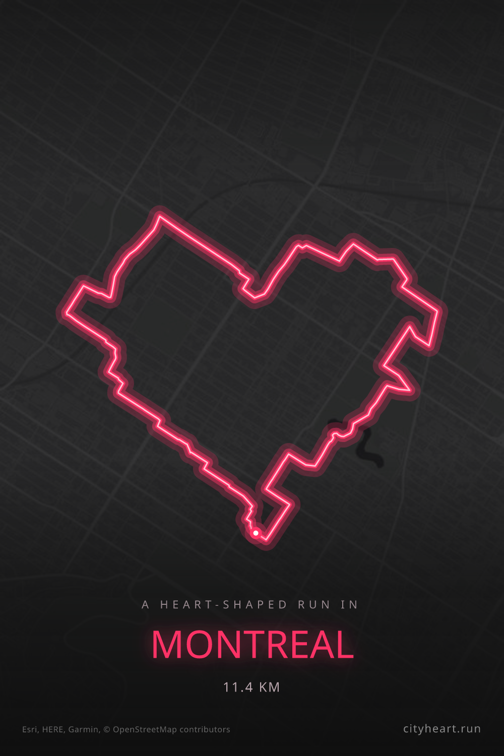 Heart-shaped running route in Montreal, 11.4 km — GPS art for Strava