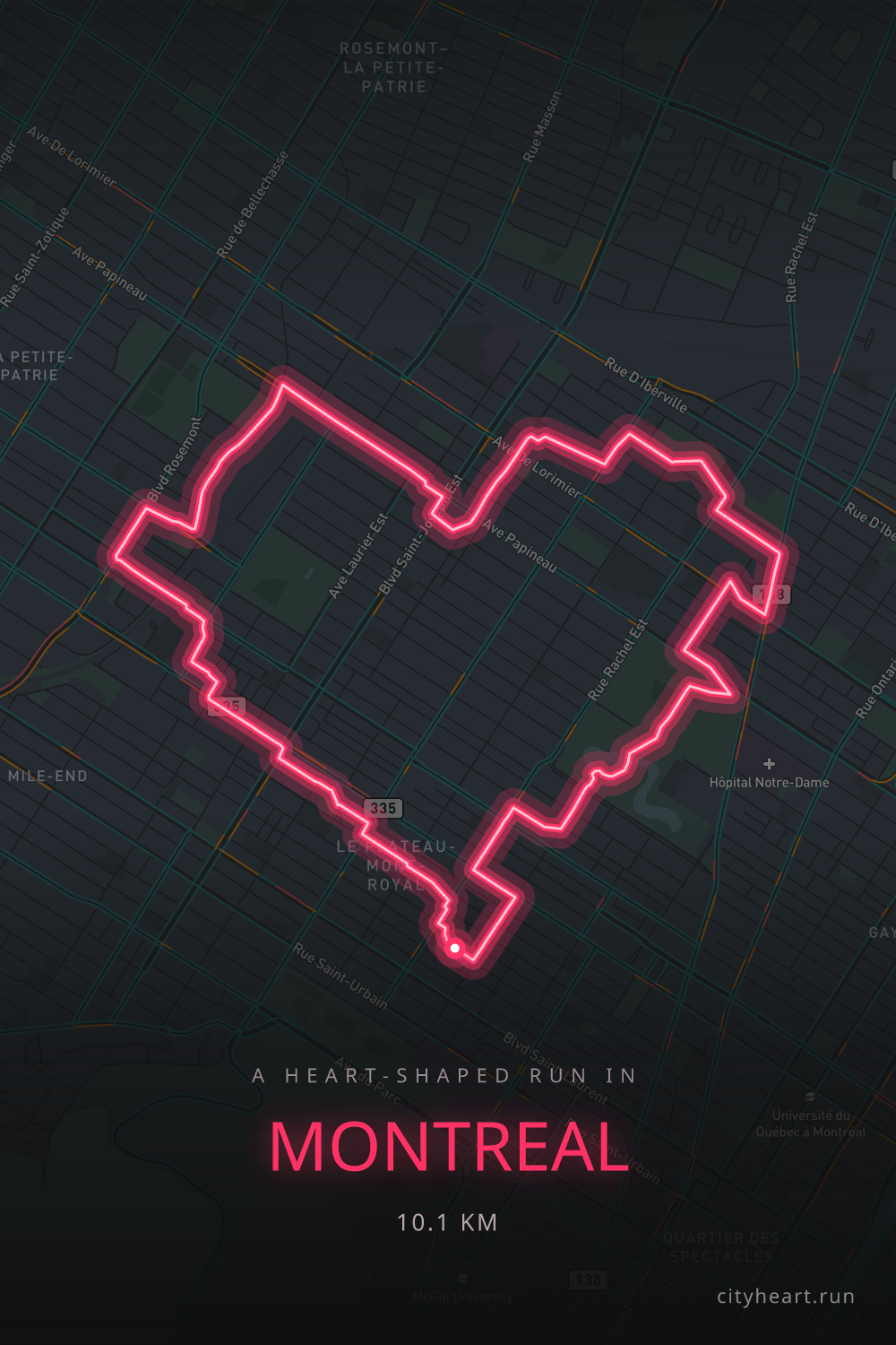Heart-shaped running route in Montreal, 11.4 km — GPS art for Strava
