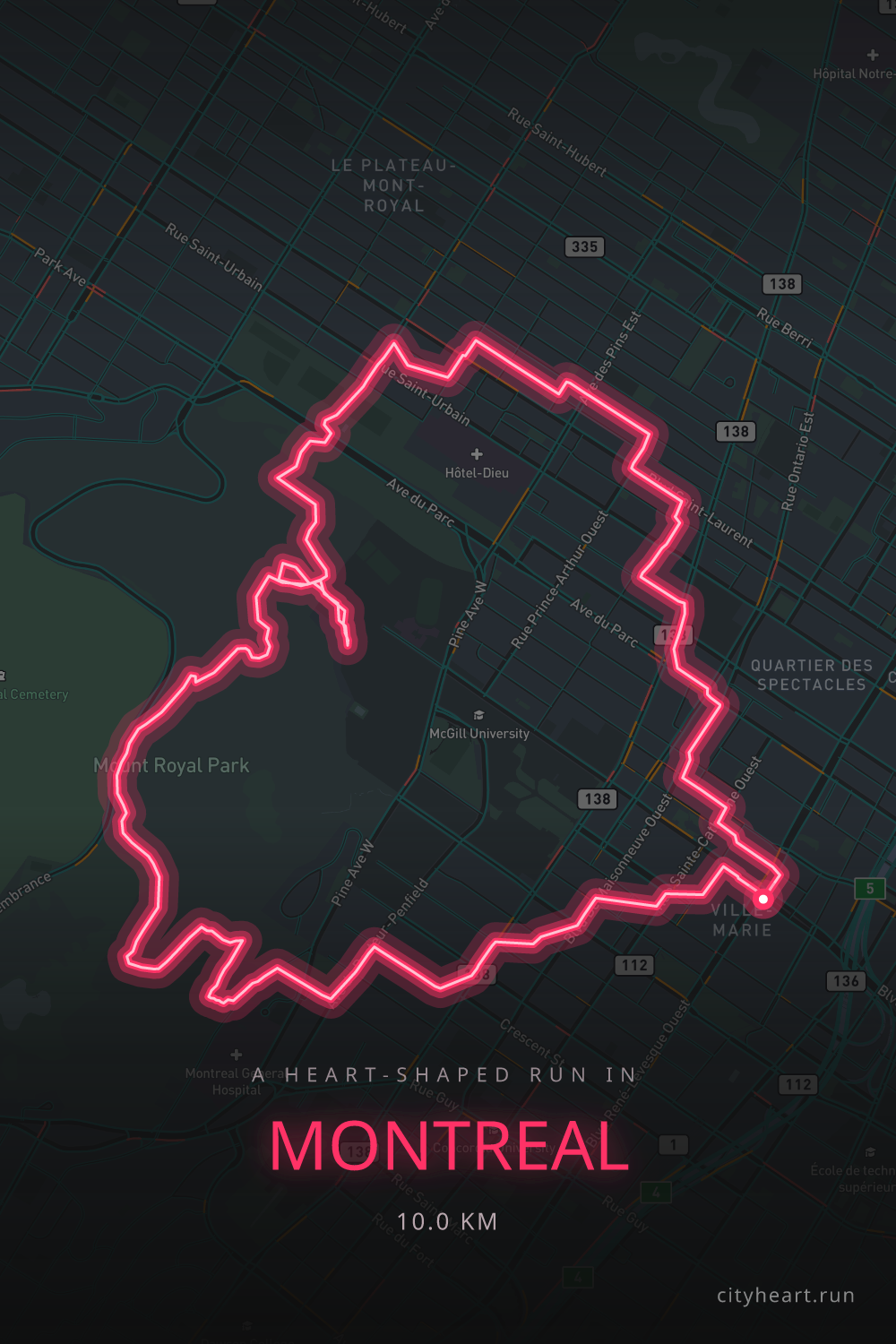 Heart-shaped running route in Montreal, 10.0 km — GPS art for Strava