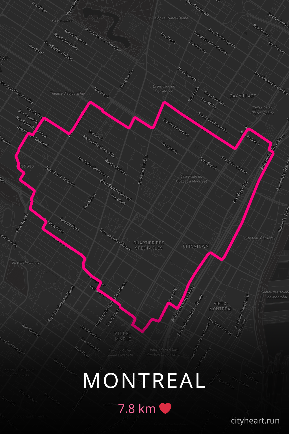 Heart-shaped running route in Montreal, 7.8 km — GPS art for Strava