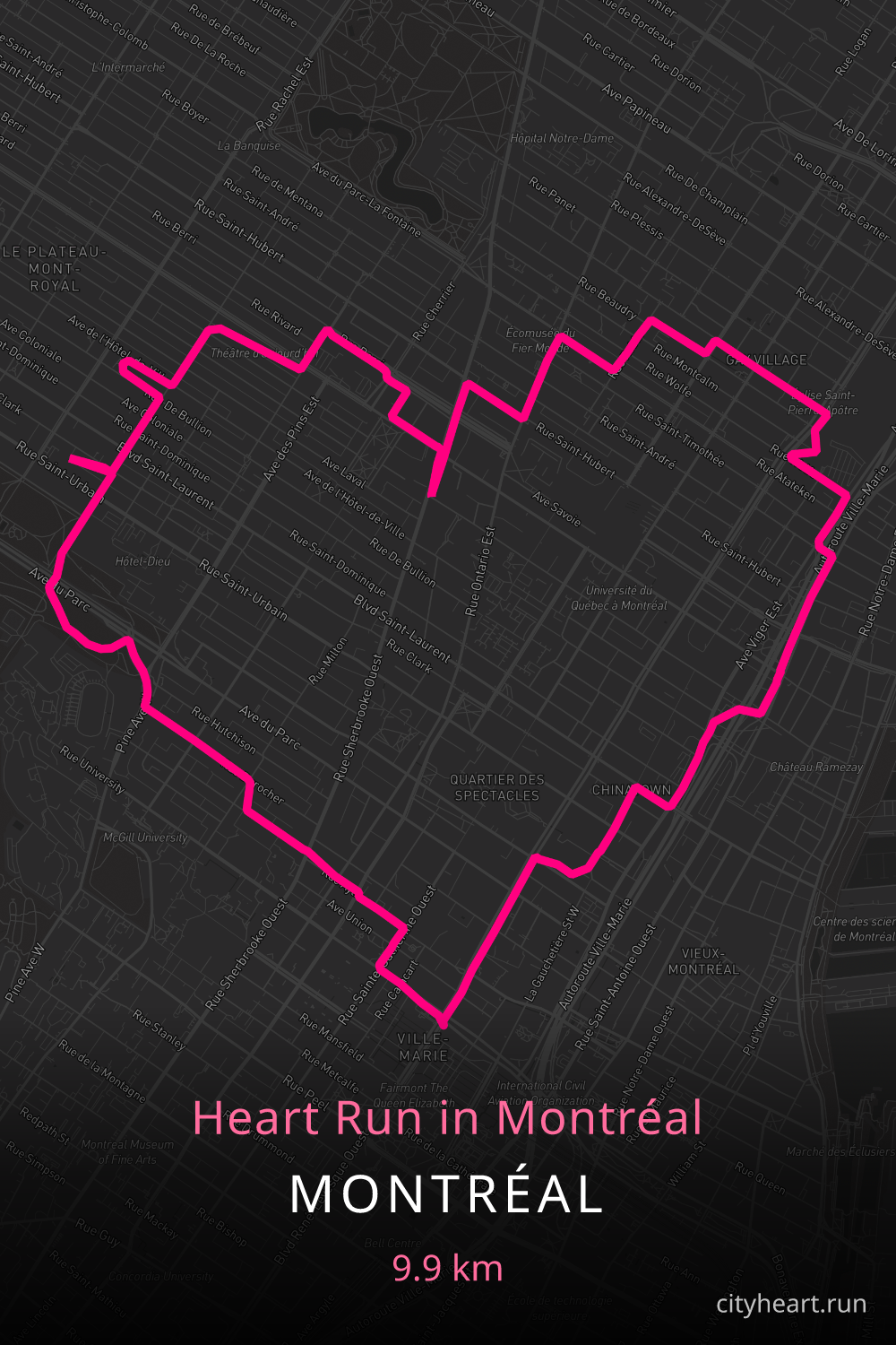 Heart-shaped running route in Montréal, 9.9 km — GPS art for Strava