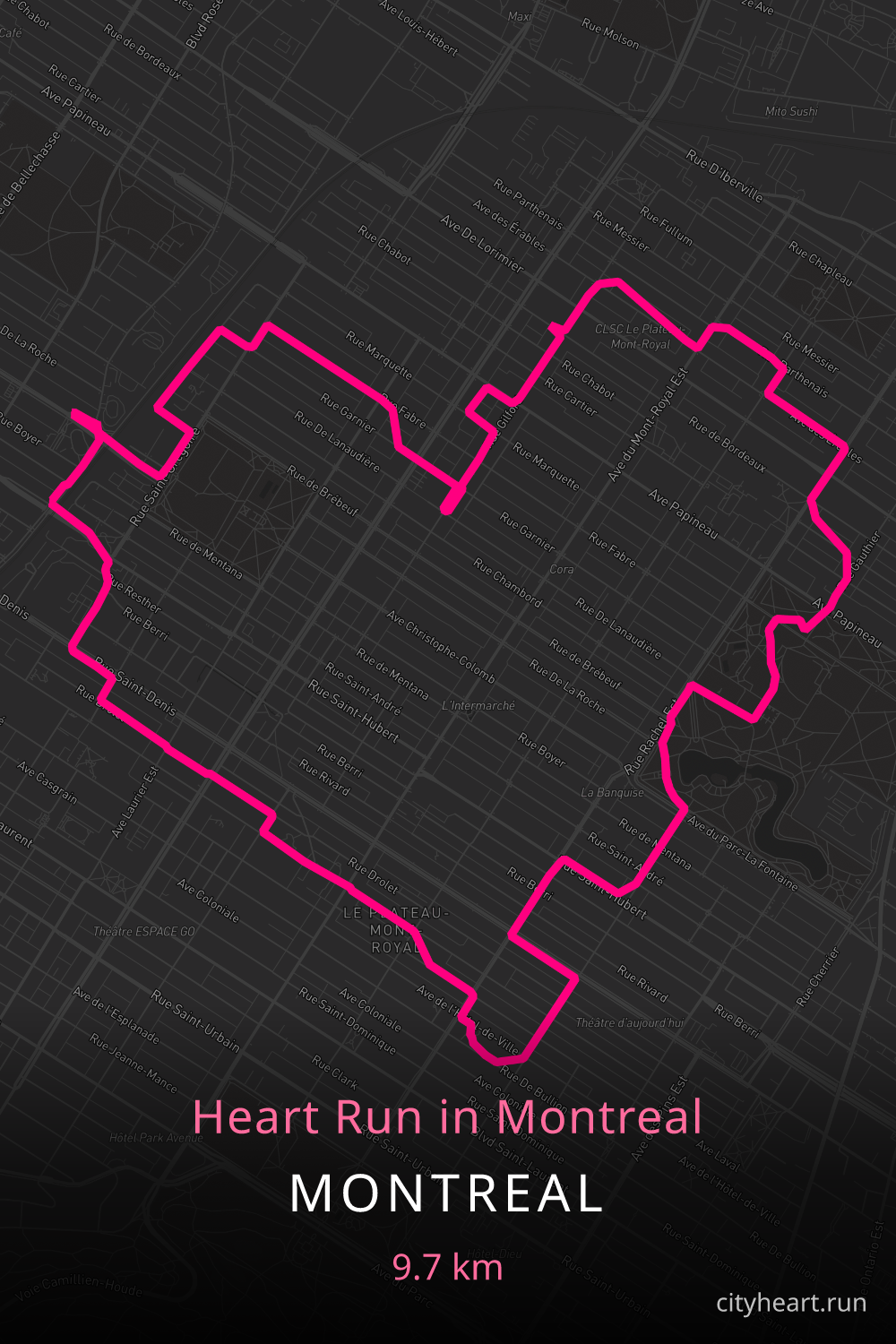 Heart-shaped running route in Montreal, 10.2 km — GPS art for Strava