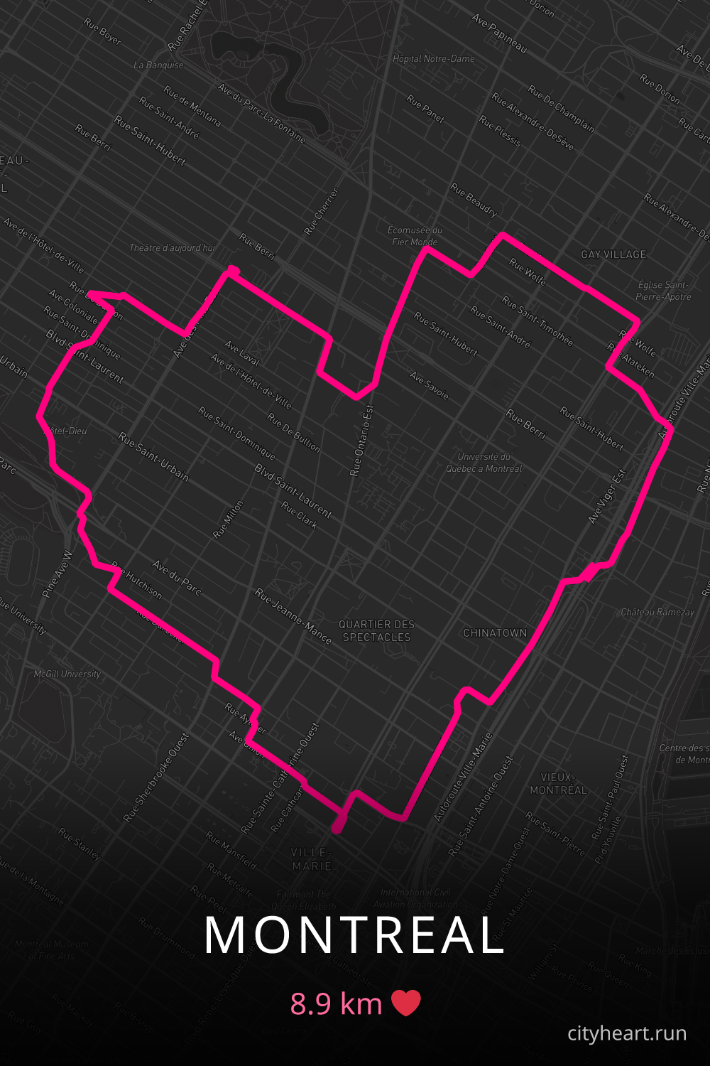 Heart-shaped running route in Montreal, 8.9 km — GPS art for Strava