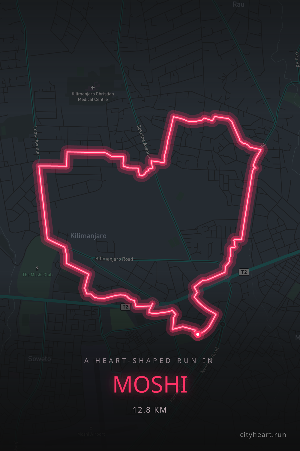 Heart-shaped running route in Moshi, 14.4 km — GPS art for Strava