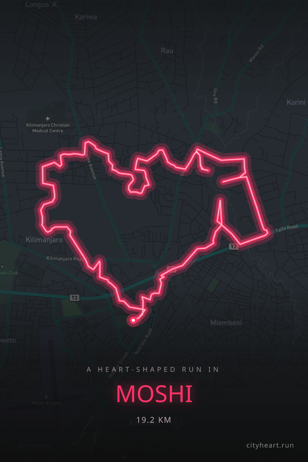 Heart-shaped running route in Moshi, 20.5 km — GPS art for Strava
