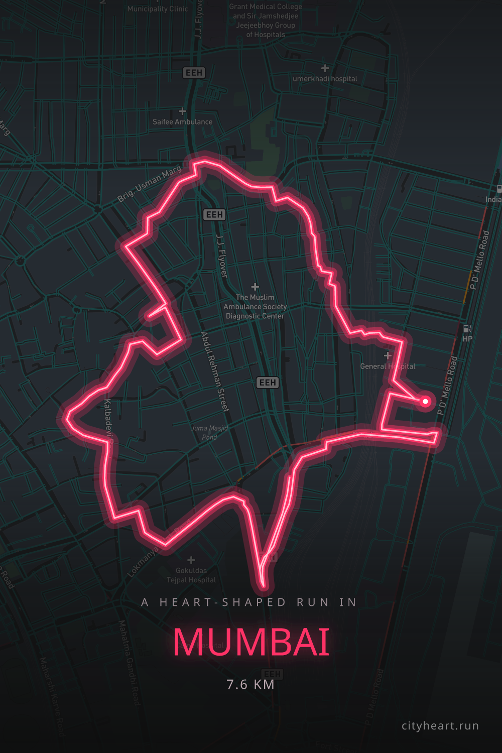 Heart-shaped running route in Mumbai, 7.6 km — GPS art for Strava