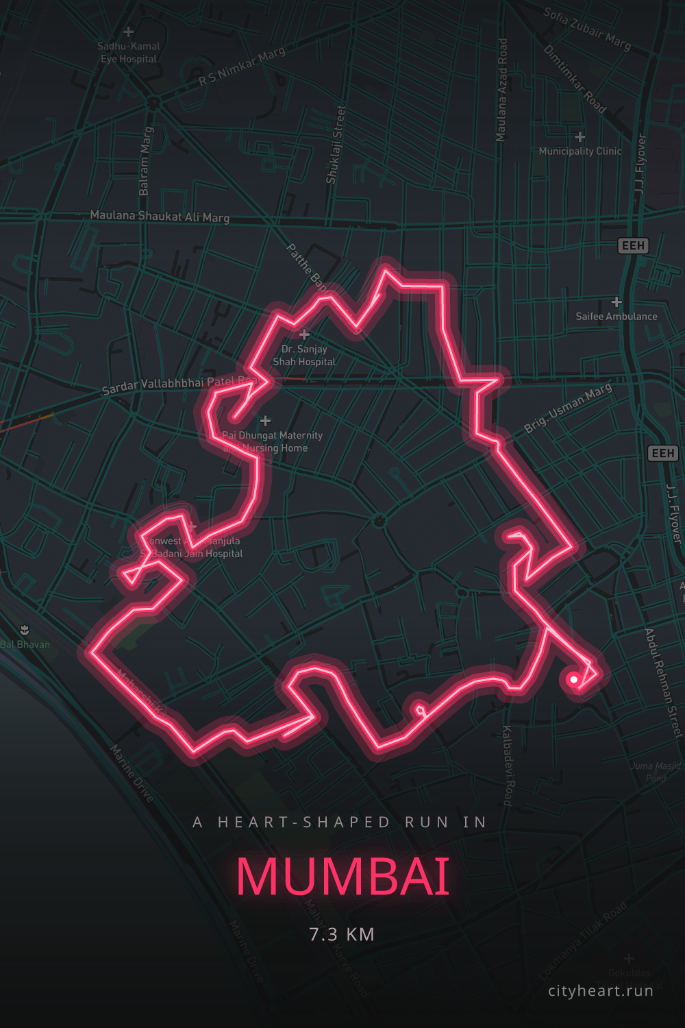 Heart-shaped running route in Mumbai, 7.3 km — GPS art for Strava