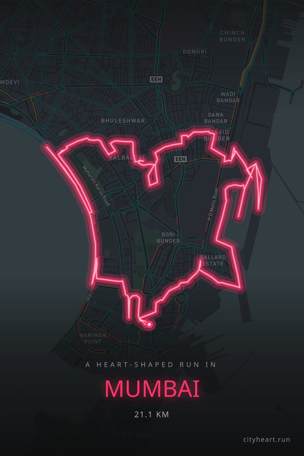 Heart-shaped running route in Mumbai, 21.1 km — GPS art for Strava