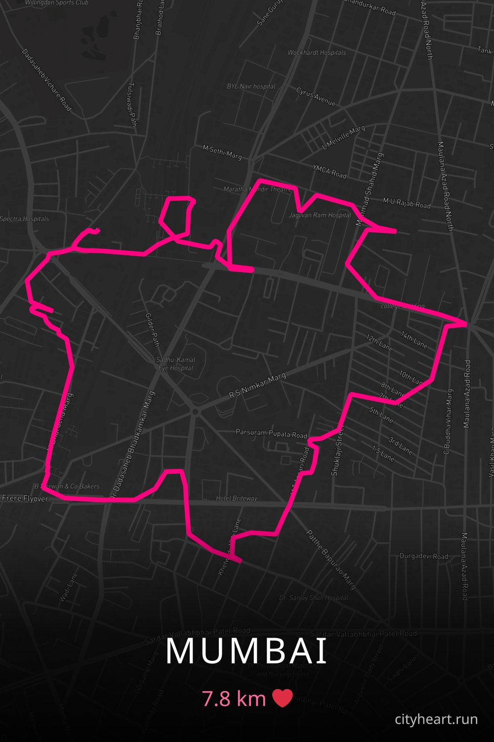 Heart-shaped running route in Mumbai, 7.8 km — GPS art for Strava