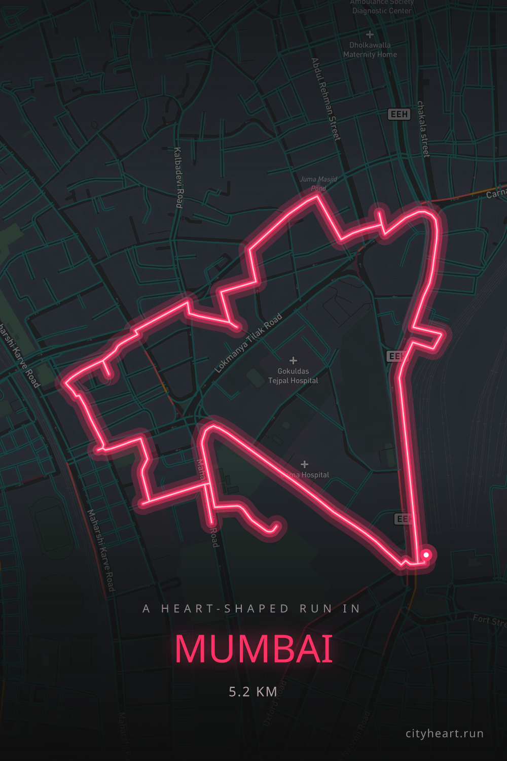 Heart-shaped running route in Mumbai, 5.2 km — GPS art for Strava