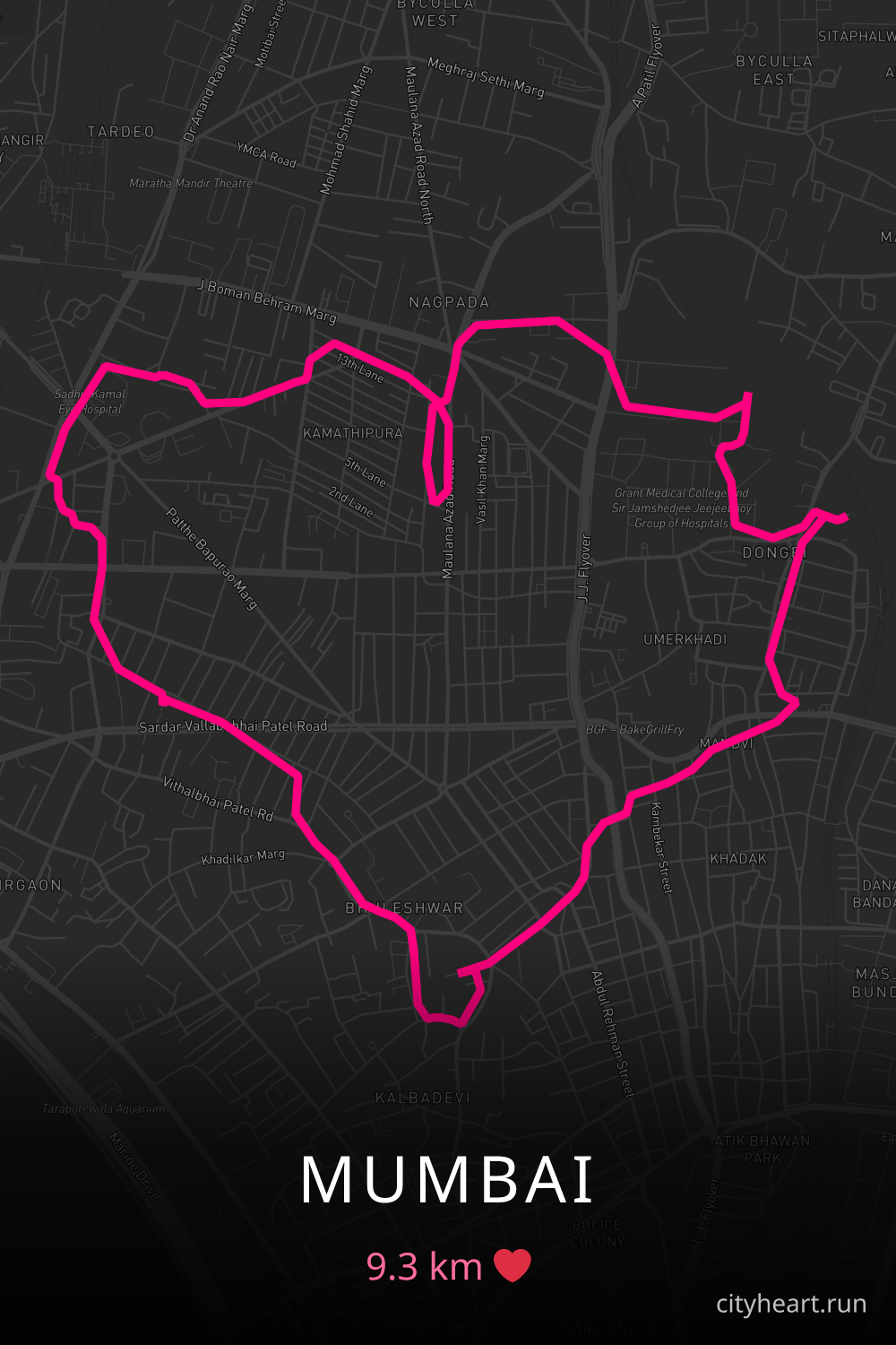 Heart-shaped running route in Mumbai, 9.3 km — GPS art for Strava
