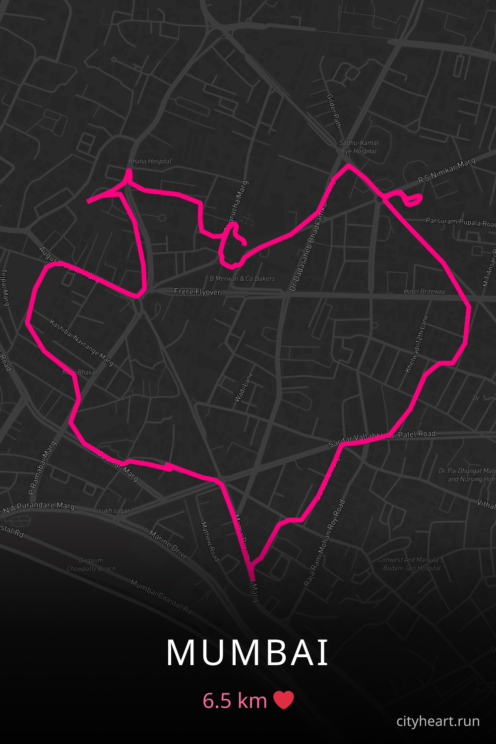 Heart-shaped running route in Mumbai, 6.5 km — GPS art for Strava