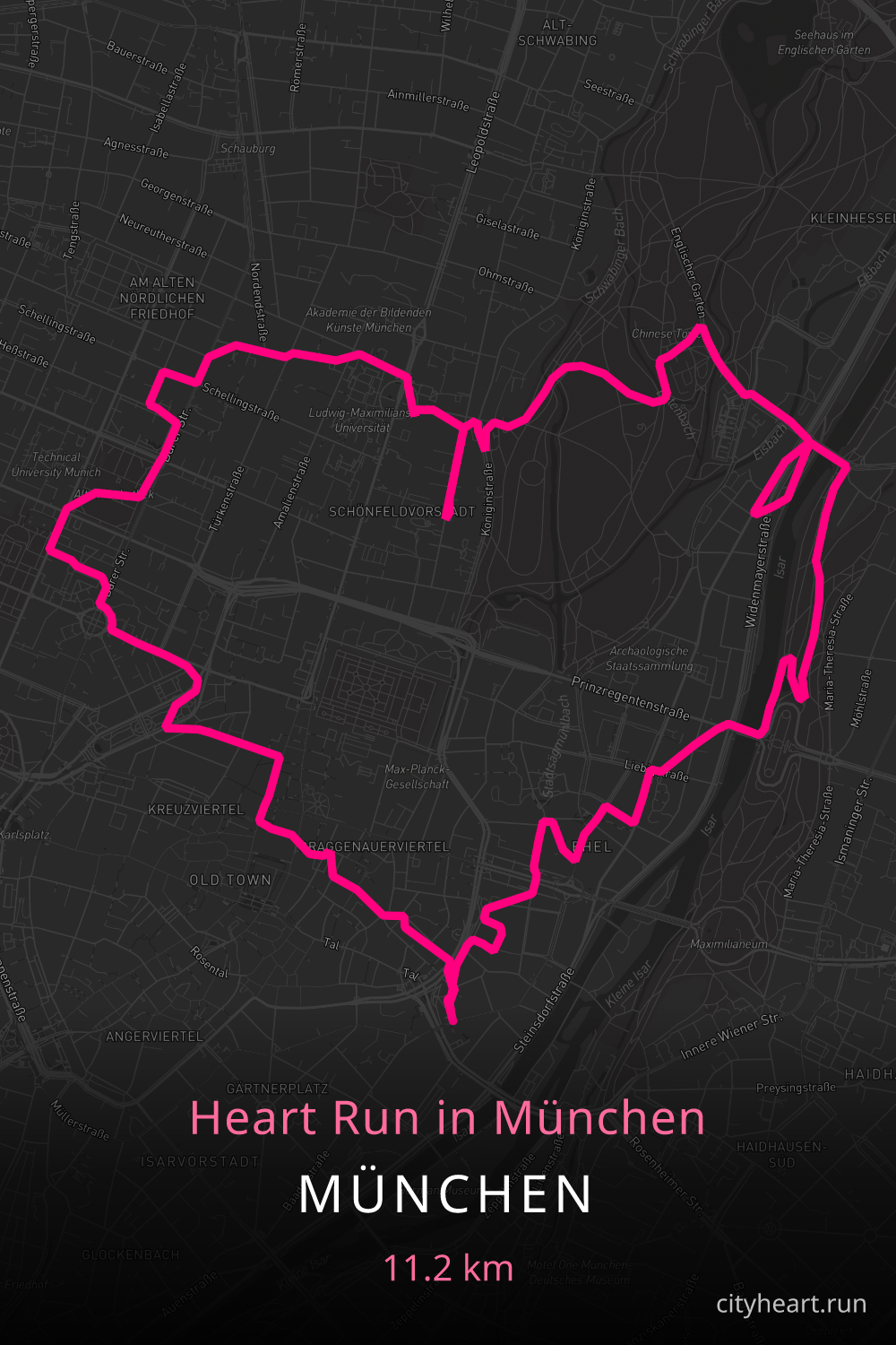 Heart-shaped running route in München, 11.7 km — GPS art for Strava