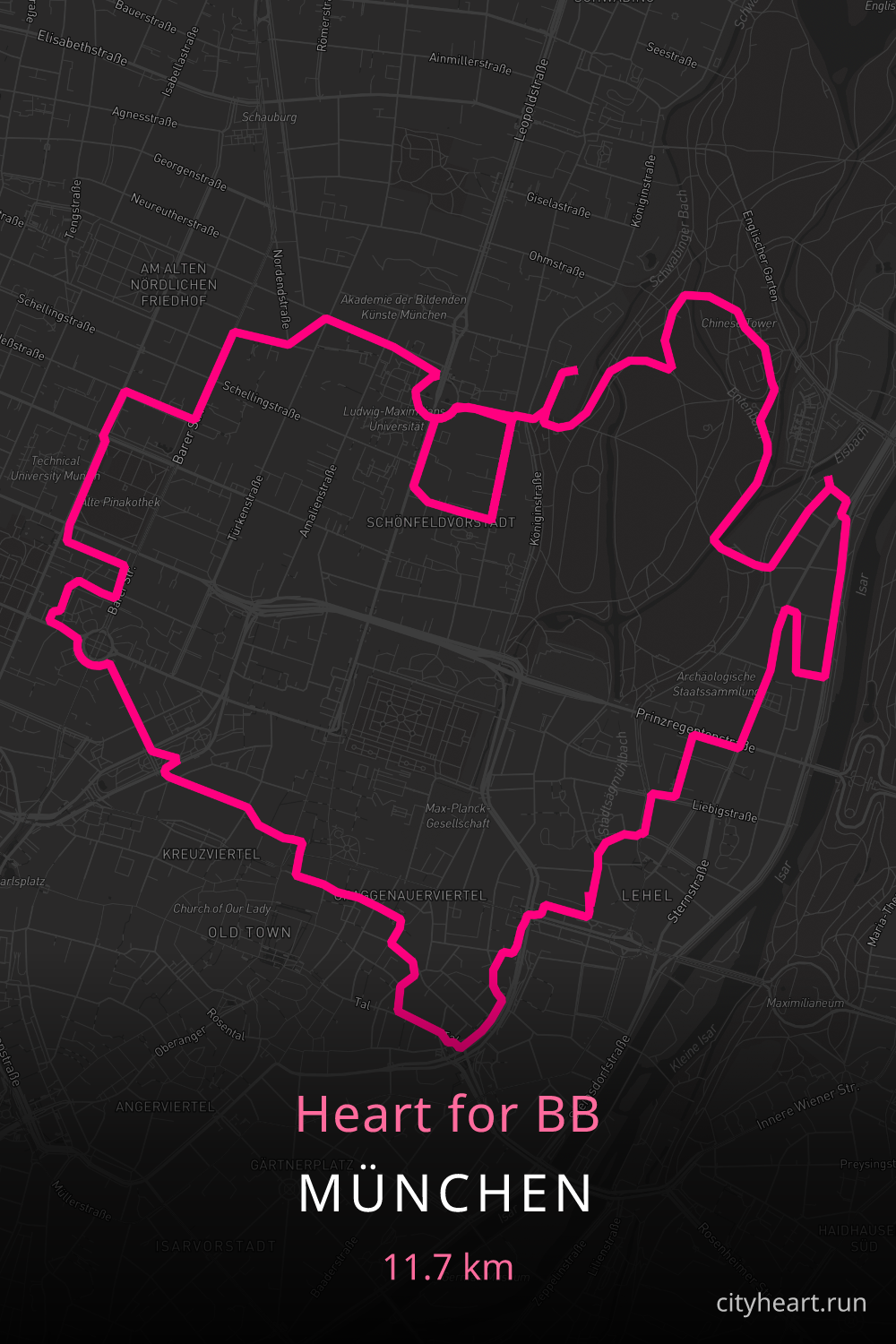 Heart-shaped running route in München, 13.0 km — GPS art for Strava
