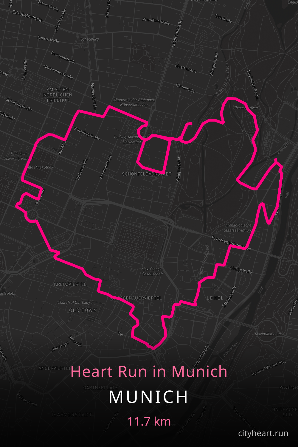 Heart-shaped running route in Munich, 13.0 km — GPS art for Strava