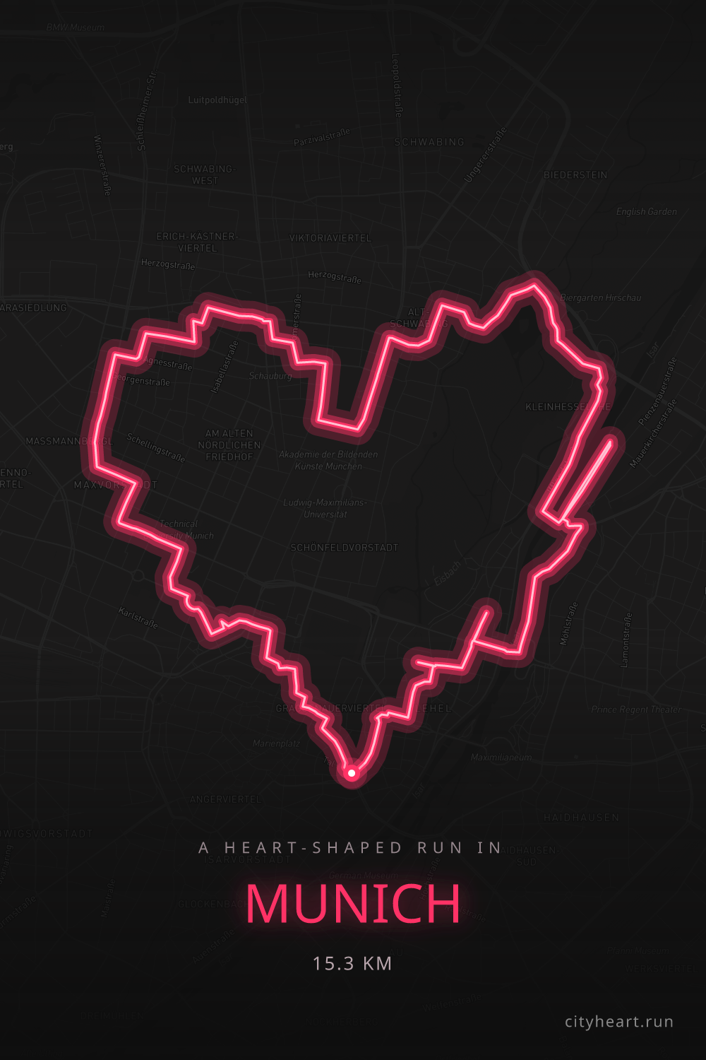 Heart-shaped running route in Munich, 15.3 km — GPS art for Strava