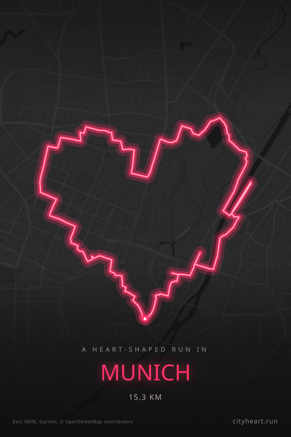 Heart-shaped running route in Munich, 15.3 km — GPS art for Strava