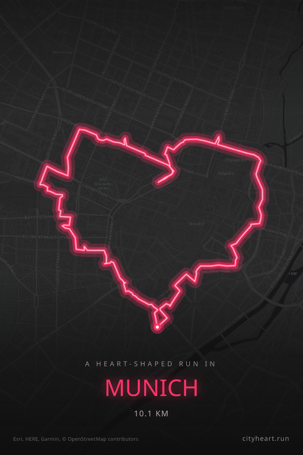 Heart-shaped running route in Munich, 10.1 km — GPS art for Strava