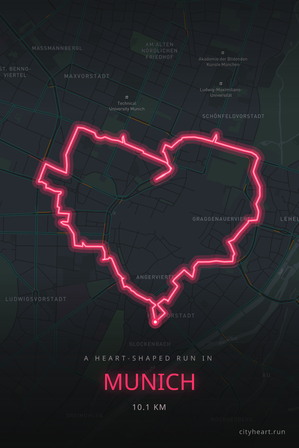 Heart-shaped running route in Munich, 10.1 km — GPS art for Strava